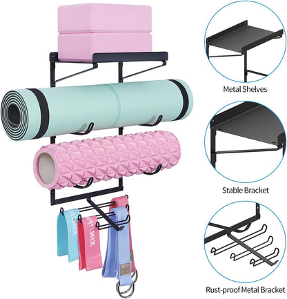 Yoga Mat Wall Mount Yoga Mat Storage Rack Home Gym Accessories with 3 Sectional and 7 Hooks