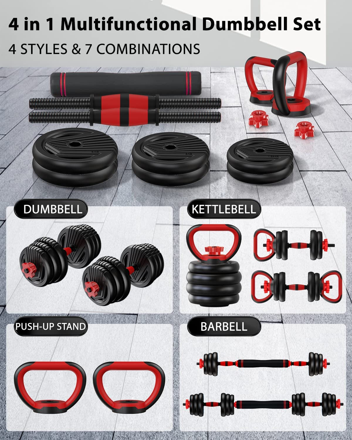 Adjustable Dumbbell Set  Free Weights Dumbbells 4 in 1 Weight Set Dumbbell Barbell