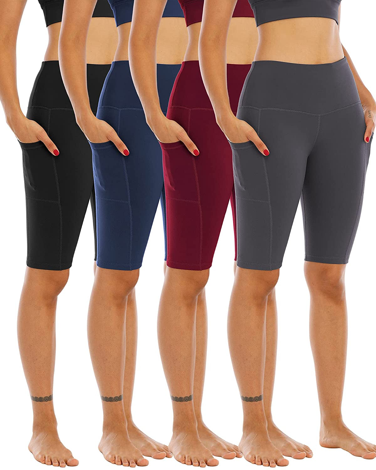 4 Pack Biker Yoga Shorts with Pockets Women,High Waisted Athletic Running Workout Gym Shorts 