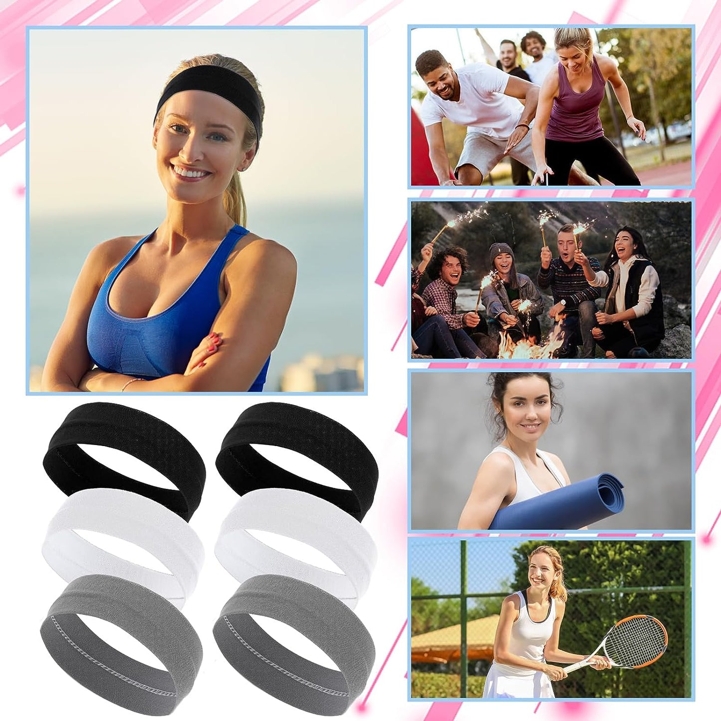 6Pcs Workout Headbands for Women Non Slip Sweatbands Elastic Sweat Hair Bands Sports Headband