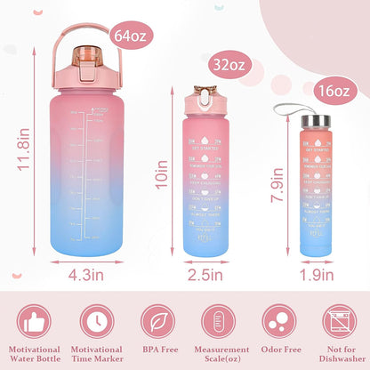 3 Pcs Water Bottles with Times to Drink and Straw Motivational Water Bottle with Time Marker