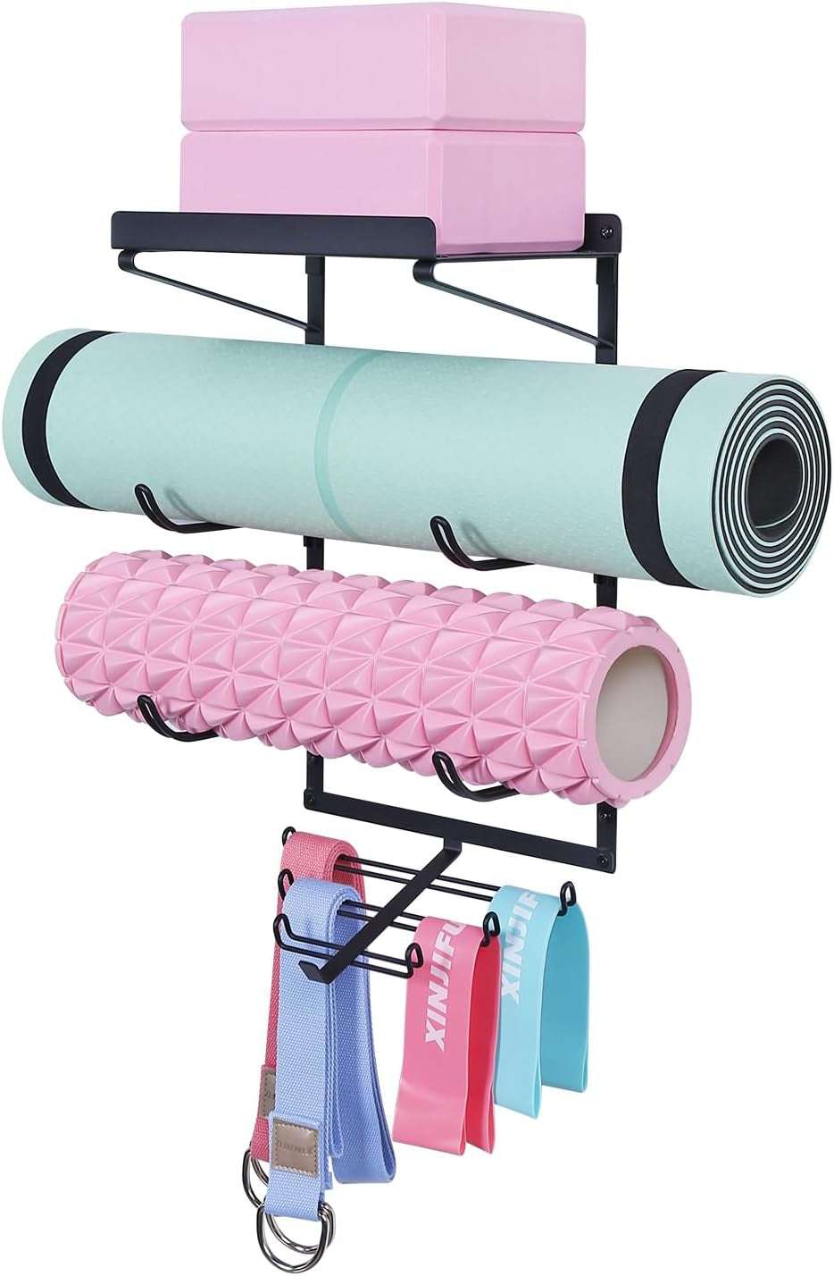 Yoga Mat Wall Mount Yoga Mat Storage Rack Home Gym Accessories with 3 Sectional and 7 Hooks