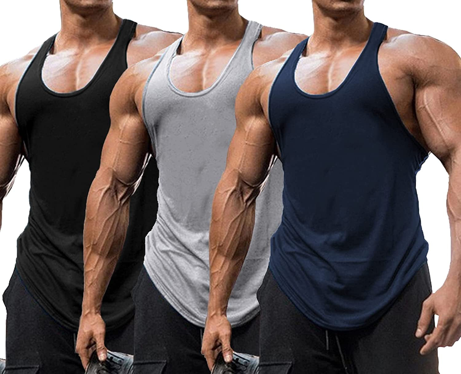 3 Pack Gym Workout Tank Tops Y-Back Muscle Tee Stringer Bodybuilding Sleeveless T-Shirts