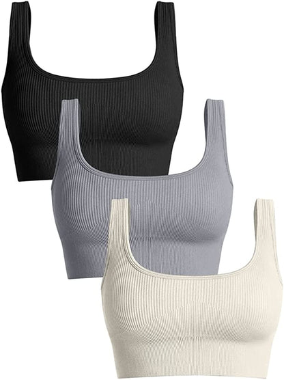 Women'S 3 Piece Medium Support Tank Top Ribbed Seamless Removable Cups Workout Exercise Sport Bra