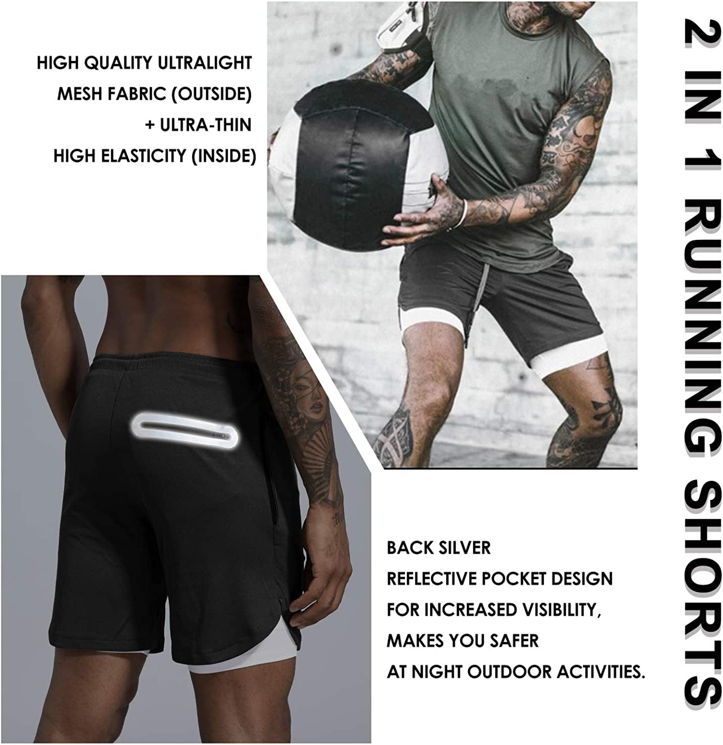 Men'S 2 in 1 Workout Running Shorts Lightweight Training Yoga Gym 7" Short with Zipper Pockets