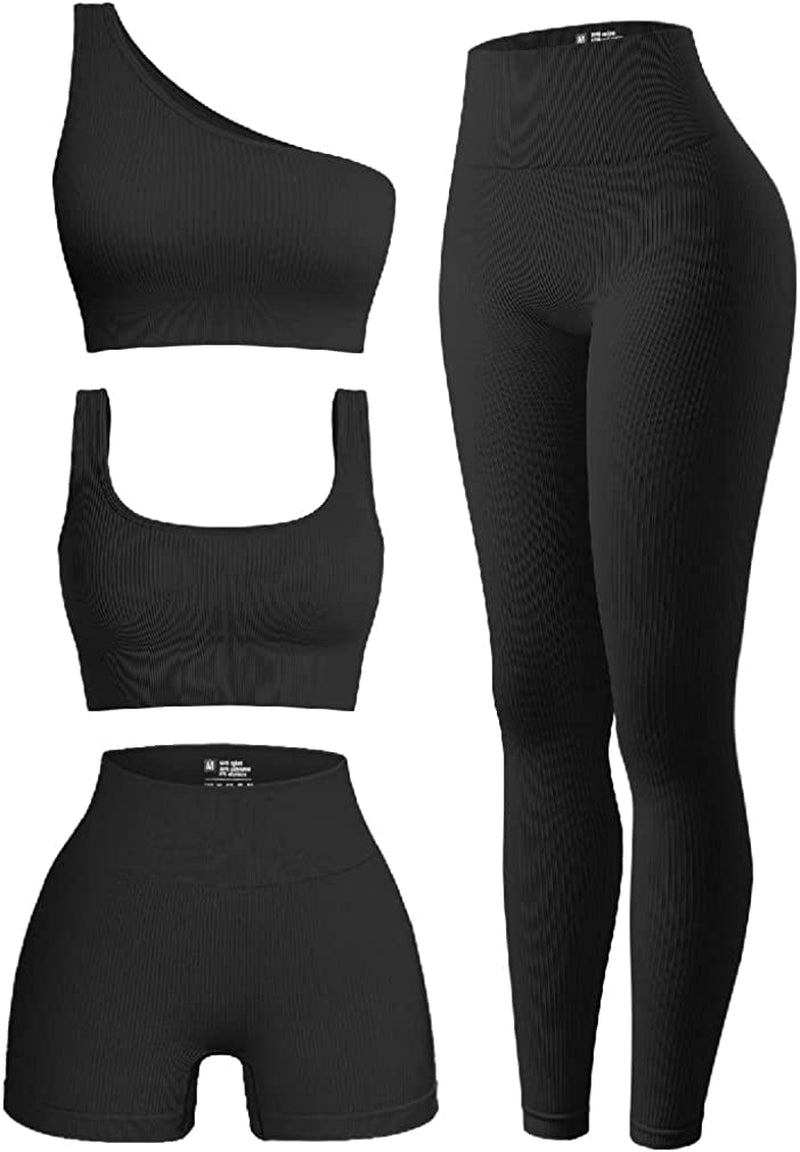 4 Piece Outfits Ribbed Exercise Scoop Neck Sports Bra One Shoulder Tops High Waist Shorts 