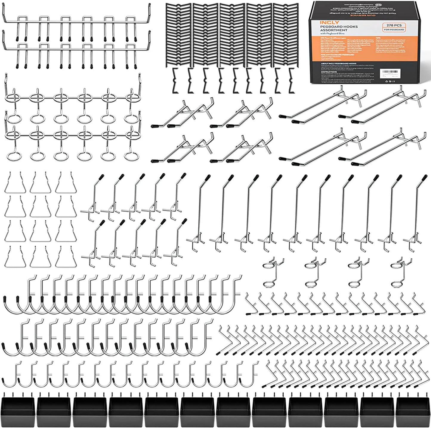  278PCS Pegboard Accessories Organizer Kit Peg Board Hooks Set with Bins Organizing Various Tools