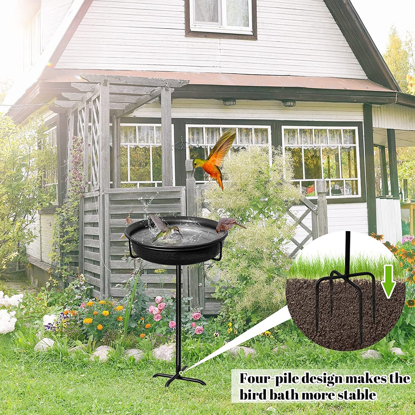 28In Freestanding Birdbaths Bowl Outdoor Free Standing Garden Bird Bath Bird Feeder Bowl with Metal 