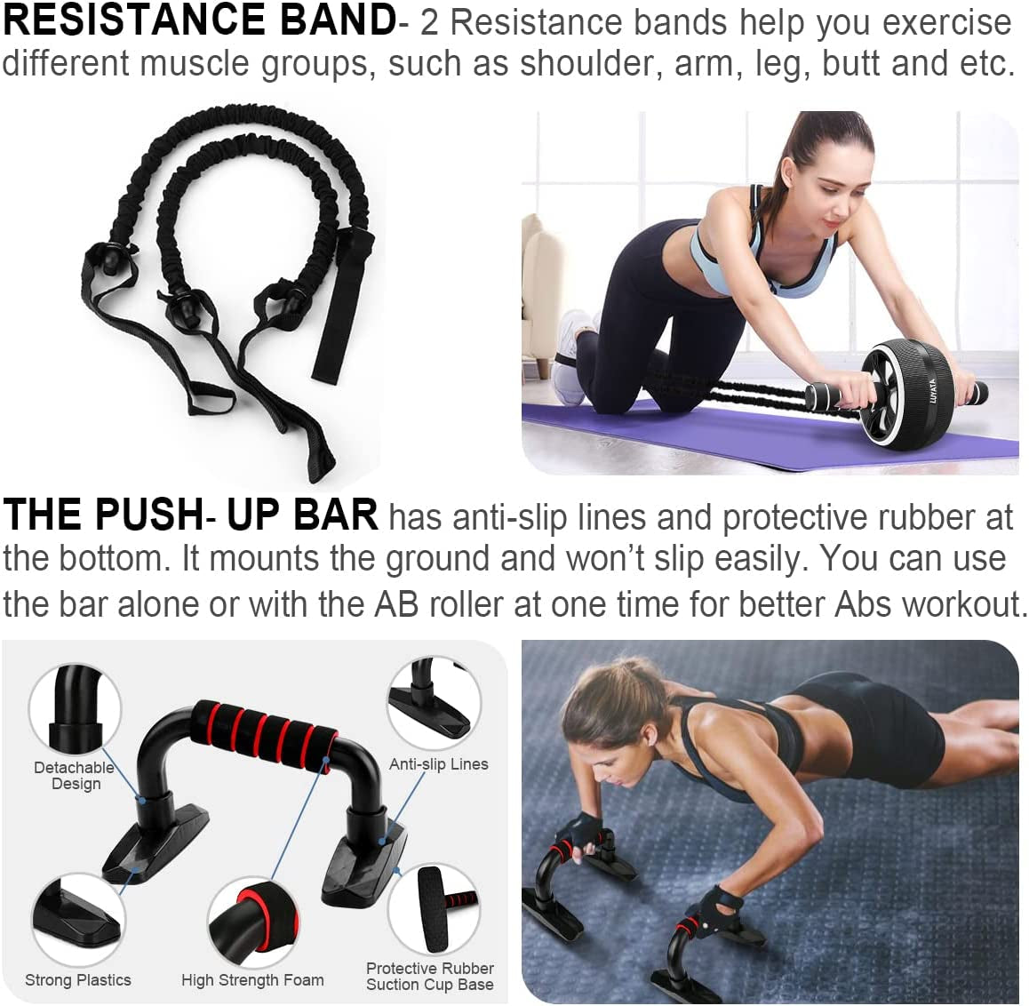  Exercise Wheels Kit with Resistance Bands Knee Mat Jump Push-Up Bar Home Gym