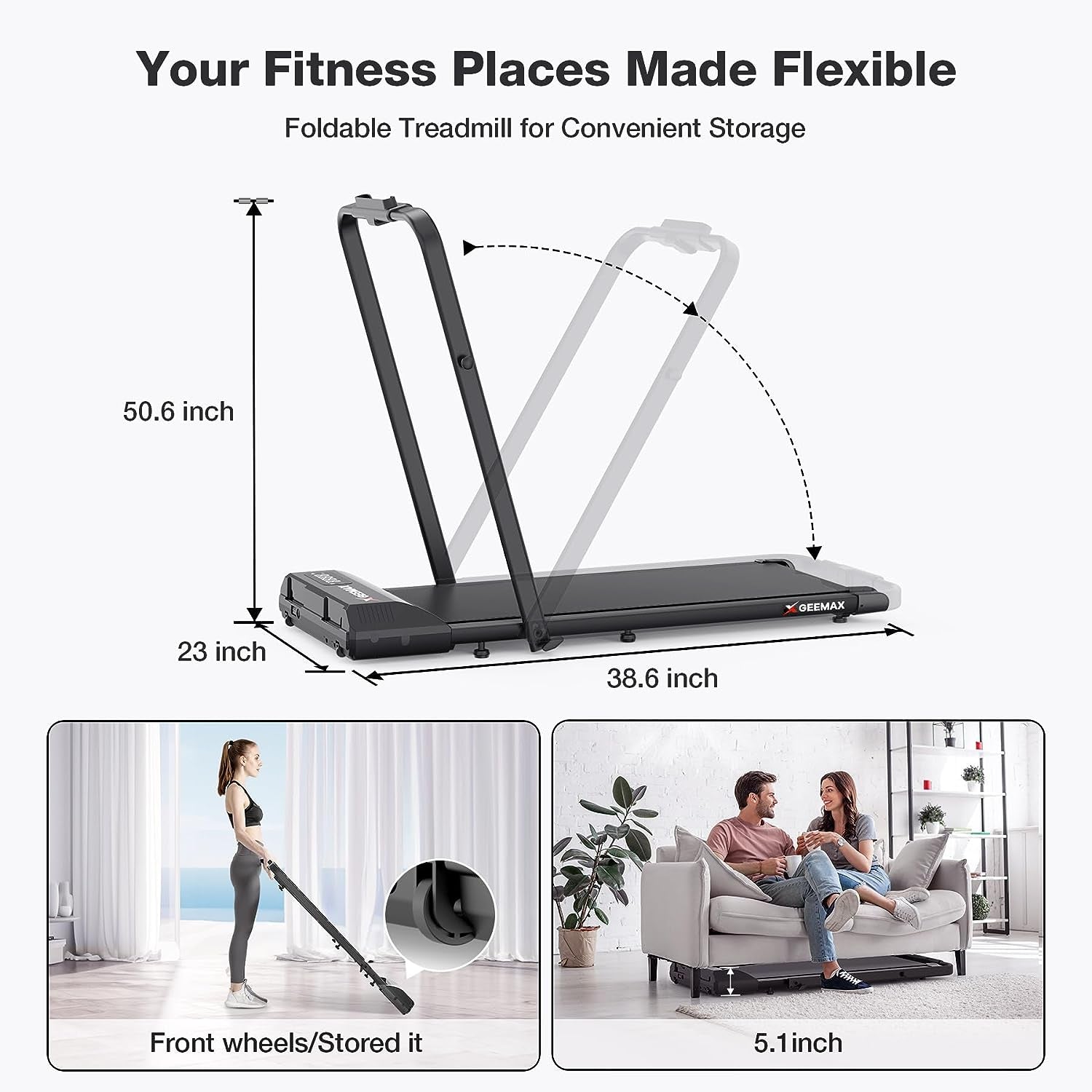 2 in under Desk Treadmill Foldable Compact Treadmill Small Spaces Workout Electric Exercise Running 