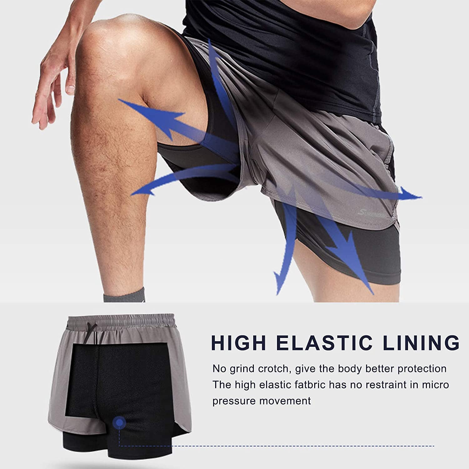 Mens 2 in 1 Running Shorts Quick Dry Athletic Shorts with Liner Workout Shorts with Zip Pockets 