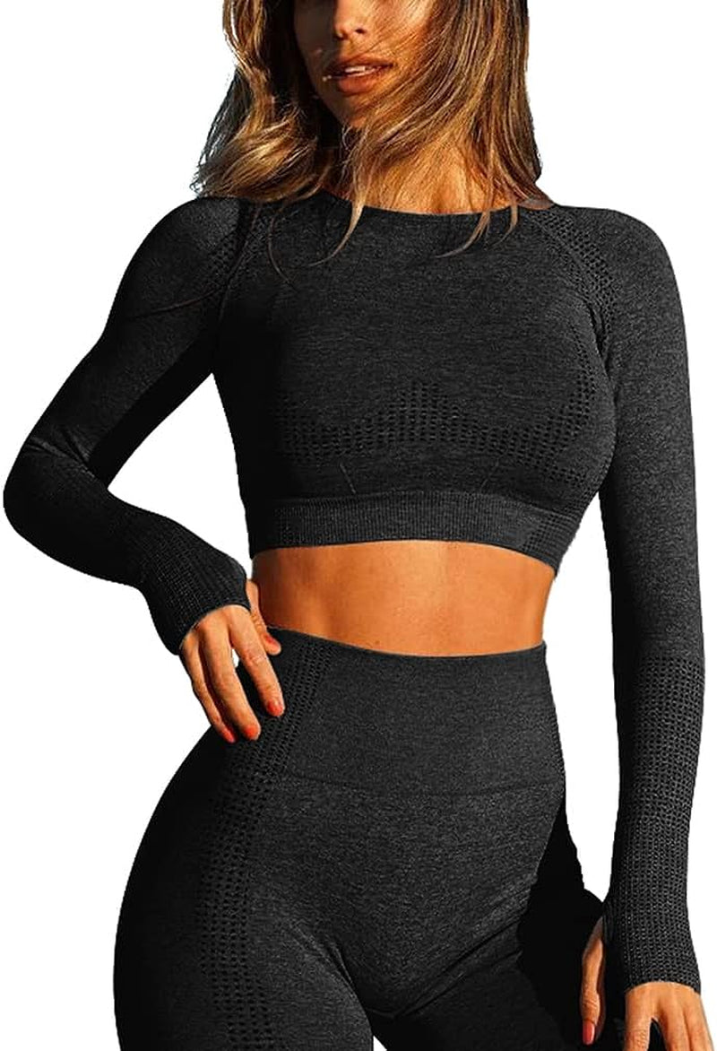 Women Seamless Long Sleeve Bodycon Crop Tops Stretch Yoga Athletic Shirts Control Workout Gym