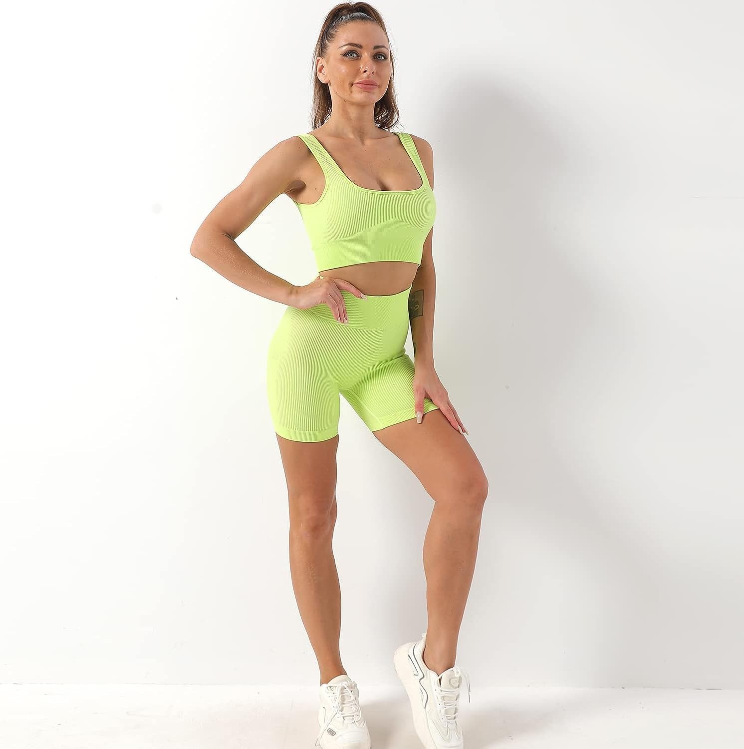 Ribbed Yoga Biker Shorts Sets Workout Two Piece Sets Tracksuit for Women'S Running Gym Sport 