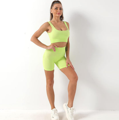 Ribbed Yoga Biker Shorts Sets Workout Two Piece Sets Tracksuit for Women'S Running Gym Sport 