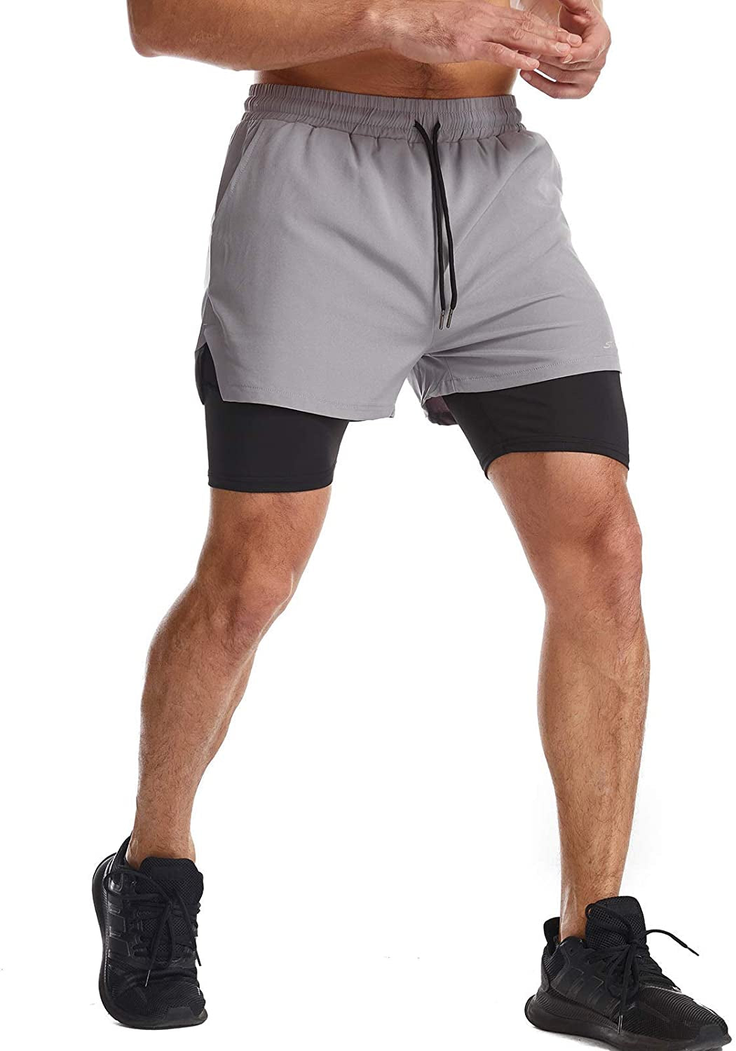 Mens 2 in 1 Running Shorts Quick Dry Athletic Shorts with Liner Workout Shorts with Zip Pockets 