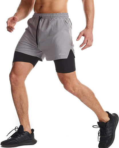 Mens 2 in 1 Running Shorts Quick Dry Athletic Shorts with Liner Workout Shorts with Zip Pockets 