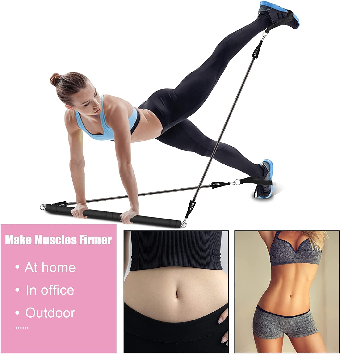 Pilates Bar Kit with Resistance Bands  Exercise Fitness Equipment Women Men Home Gym 