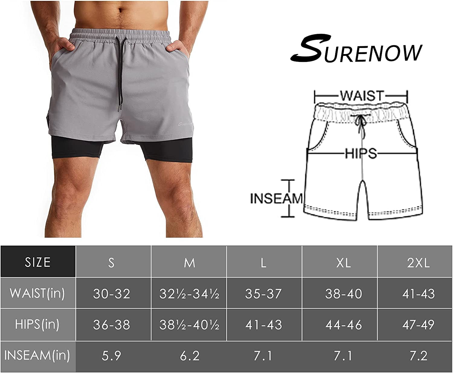 Mens 2 in 1 Running Shorts Quick Dry Athletic Shorts with Liner Workout Shorts with Zip Pockets 