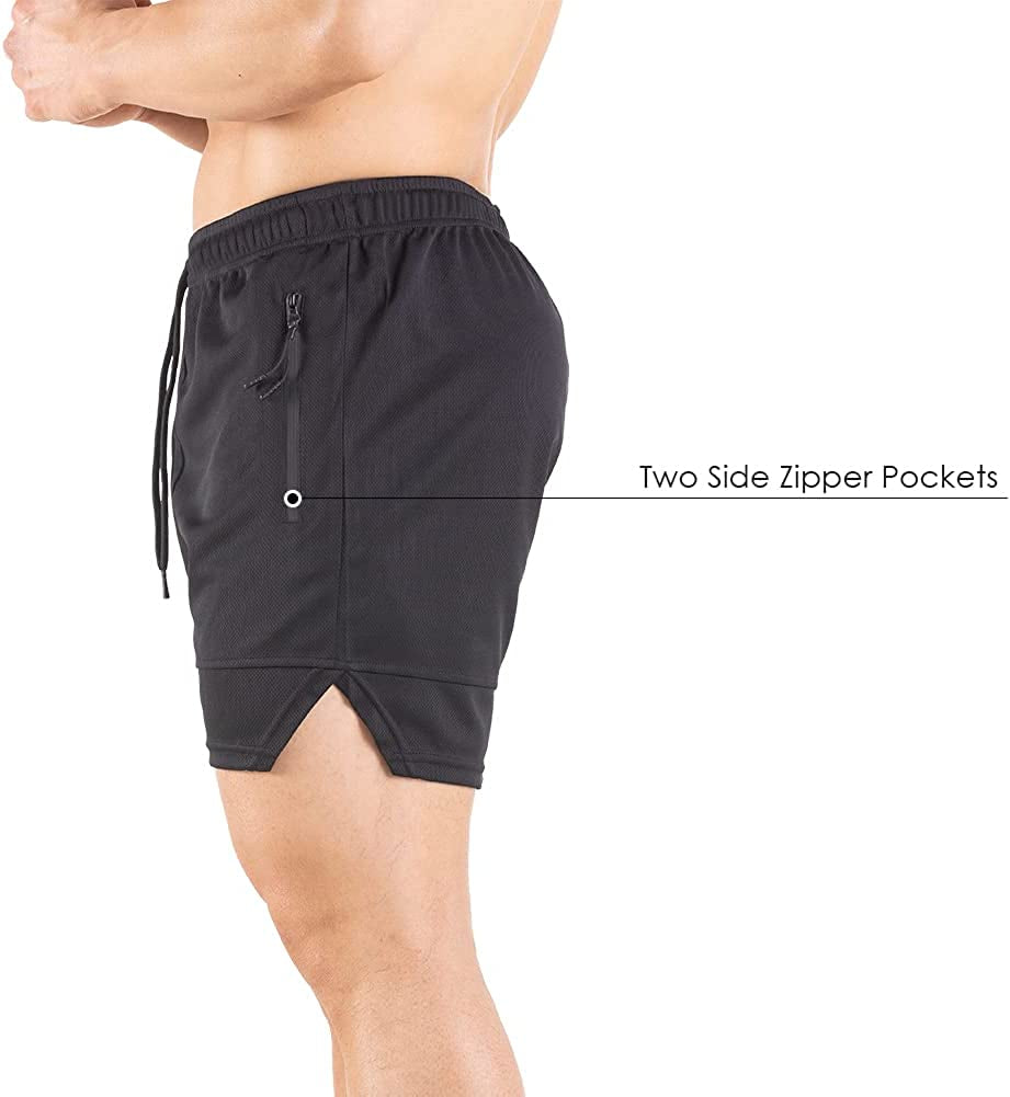 Gym Workout Shorts with Zipper Pockets Dry Fit Mens Mesh Athletic Shorts Running Bodybuilding 