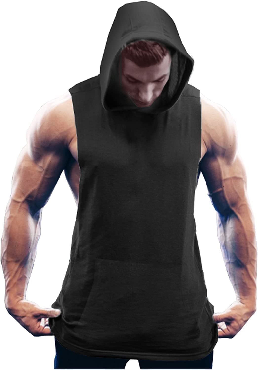 Men'S Workout Hooded Tank Tops Bodybuilding Muscle Cut off T Shirt Sleeveless Gym Hoodies