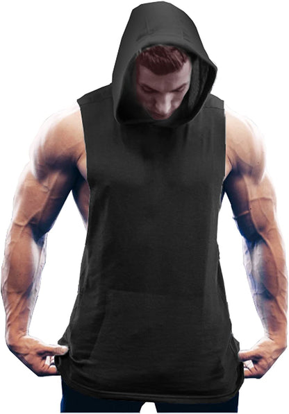 Men'S Workout Hooded Tank Tops Bodybuilding Muscle Cut off T Shirt Sleeveless Gym Hoodies