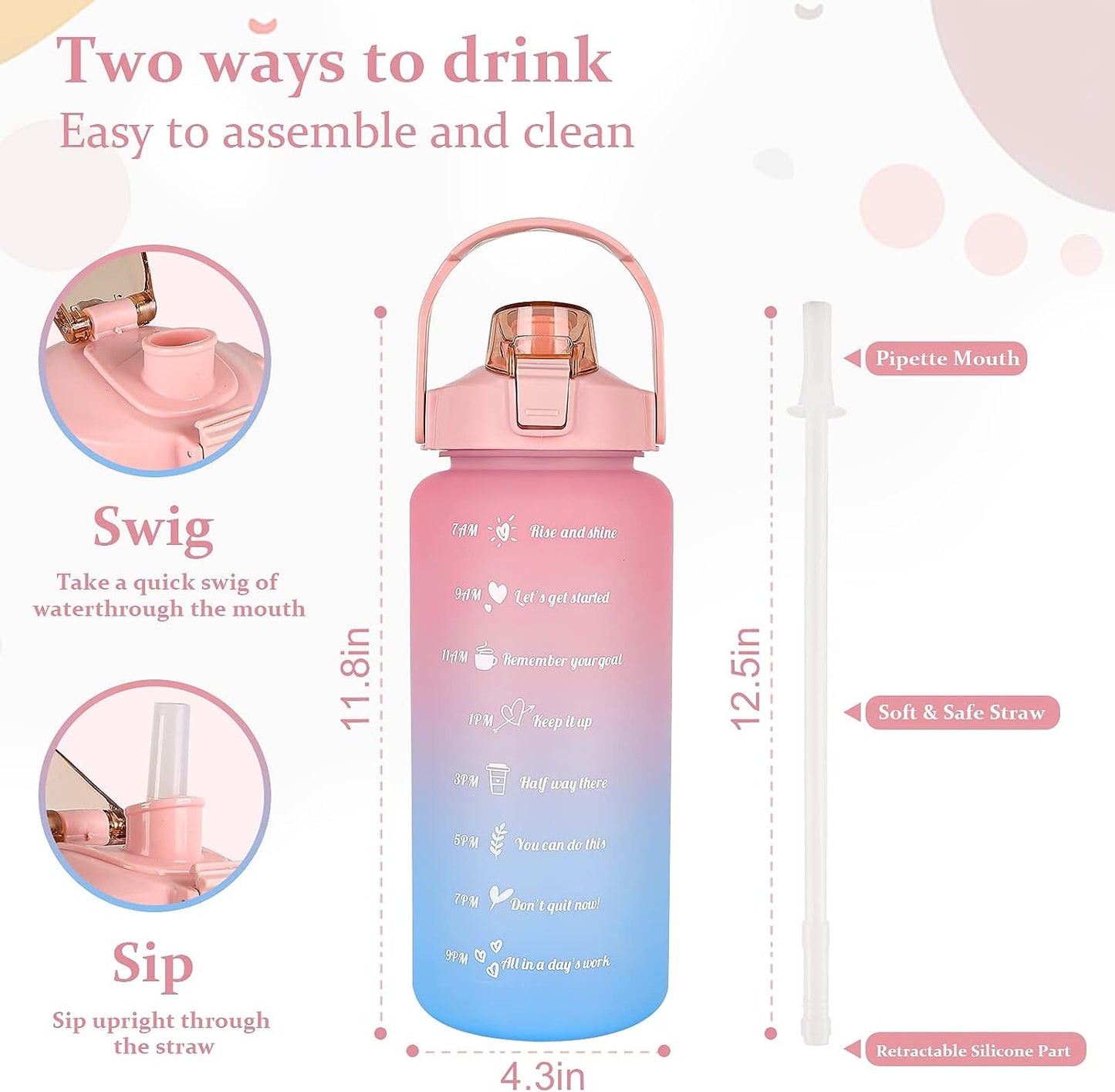 3 Pcs Water Bottles with Times to Drink and Straw Motivational Water Bottle with Time Marker