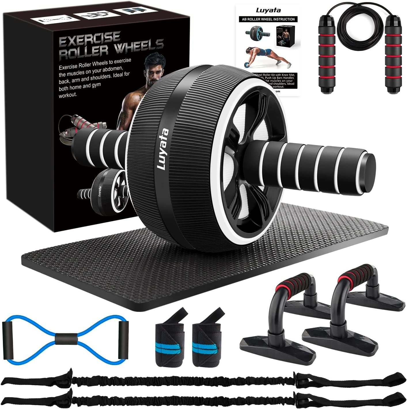  Exercise Wheels Kit with Resistance Bands Knee Mat Jump Push-Up Bar Home Gym