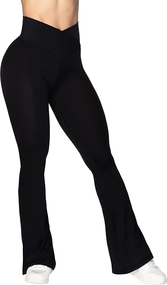 Flare Leggings Crossover Yoga Pants with Tummy Control High-Waisted and Wide Leg