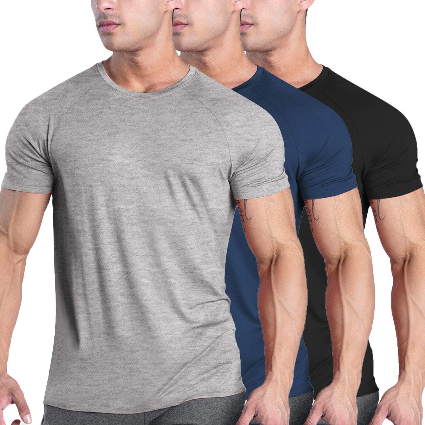 Men 3 Pack Workout T Shirts Short Sleeve Gym Bodybuilding Muscle Shirts Base Layer Fitness Tee Tops