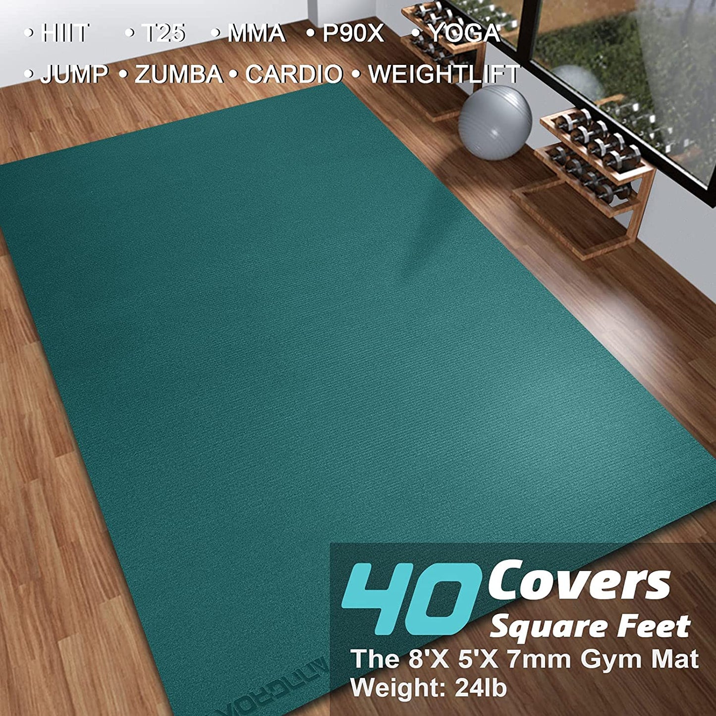 Large Exercise Mat 8'X512'X6 Workout Mat Home Gym Mats Exercise Gym Flooring Rubber Fitness Mat 